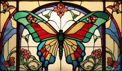 A vibrant stained glass butterfly, its wings a kaleidoscope of blues, greens, and reds, bathed in warm light.