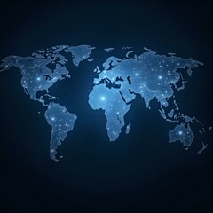 Fototapeta premium The image is a digital illustration of a world map rendered in blue with glowing, star-like patterns across the landmasses, creating a night-time, starry effect.