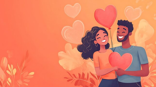 Happy couple in love holding heart-shaped balloons, sharing a joyful and loving expression on a coral background