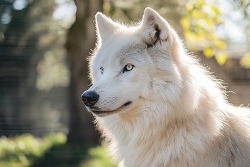 Obraz premium forest wildlife wolf portrait, a portrait of a wolf blending harmoniously into the forest surroundings, with subtle play of shadows and sunlight