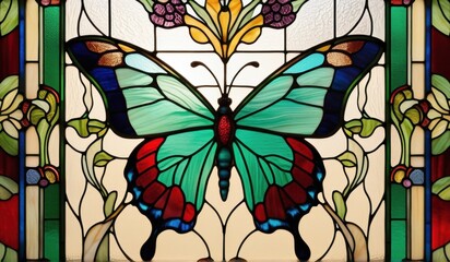 A vibrant stained glass butterfly, its wings a kaleidoscope of blues, greens, and reds, bathed in warm light.