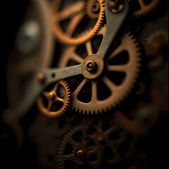 The image captures the intricate details of a complex mechanical system, with gears and cogs in focus against a dark background.