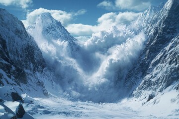 Massive snow avalanche cascading down a mountain peak. AI generated image