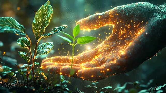 Nurturing New Growth:  A hand, imbued with golden light and energy, gently cradles a young sprout, symbolizing environmental protection, growth, and the delicate balance of nature.