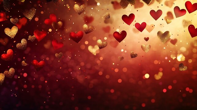 Gradient background with a cascade of hearts and golden accents, creating a romantic composition