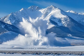 Obraz premium Massive snow avalanche cascading down a mountain peak. AI generated image
