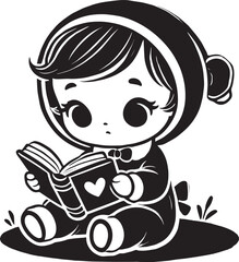 Cute little baby reading book silhouette vector illustration isolated on a white background