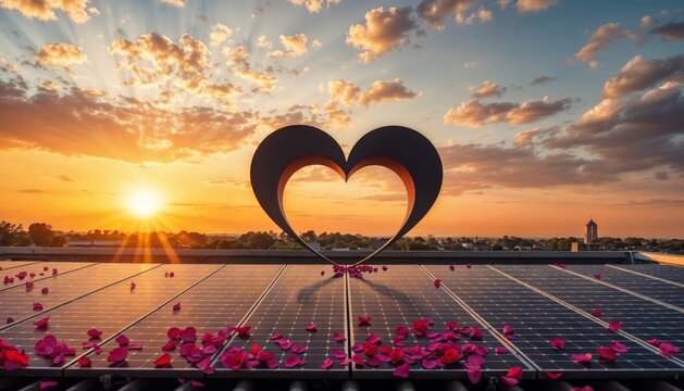 Solar heart energy. A heart sculpture stands on solar panels at sunset, with scattered rose petals, symbolizing love and renewable energy.