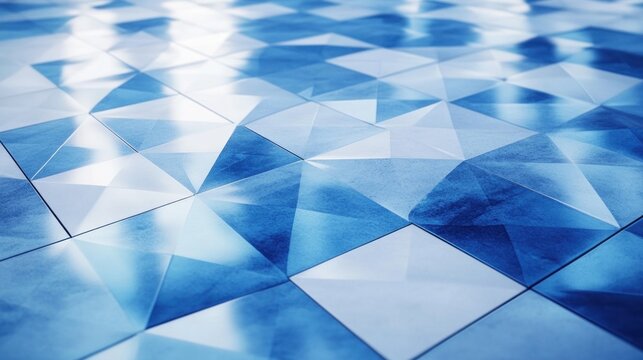 Abstract blue geometric tile pattern reflecting light.