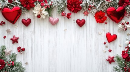 Glittery holiday border with shimmering hearts, twinkling stars, and vibrant flowers set against a bright white wooden background.