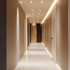 Modern hallway with recessed lighting, wooden paneling, and white doors.