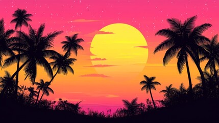 Tropical Sunset Paradise Silhouette Landscape. Vivid Colors of a Tropical Sunset. Lush Palm Trees and Vibrant Colors. A Perfect Tropical Paradise