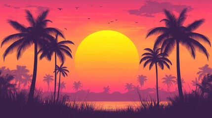 Tropical Sunset Paradise Silhouette Landscape