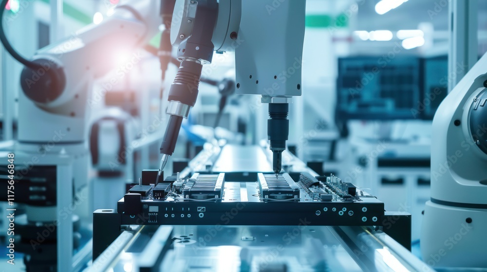 Poster robotic arms assembling circuit board in modern factory: a glimpse into automated manufacturing