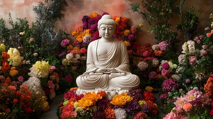 Serene Buddha Statue Amidst Vibrant Floral Arrangement
