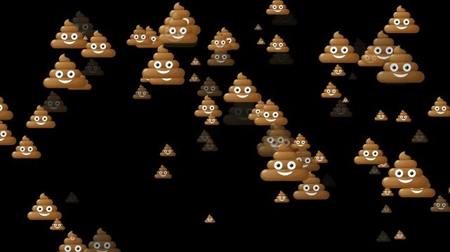 A whimsical animation of floating poop emoji icons in flat style, gently moving on a solid black background, creating a fun and quirky vibe.