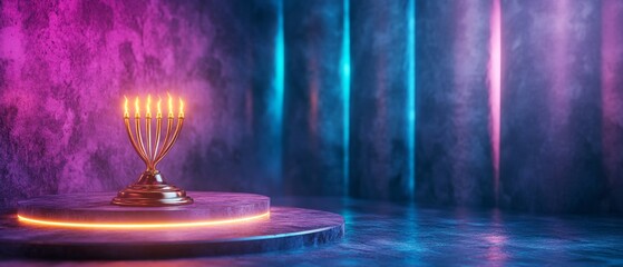 A futuristic glowing menorah casting vibrant hues in mystical setting
