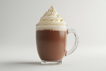 Hot Chocolate with Whipped Cream in Clear Glass Mug on White Background &ndash; Minimalist Winter Beverage Concept for Caf&eacute; Menu, Cozy Drink Branding, Product Mockup, or Food Photography Design"