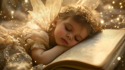Sleeping fairy child in golden attire resting on an open book with glowing sparkles in a dreamy atmosphere.