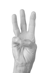Three finger gesture. Senior woman s wrinkled hand raised with three fingers extended, symbolizing the number three. Closeup front view of a mature, aged female expressing counting or communication