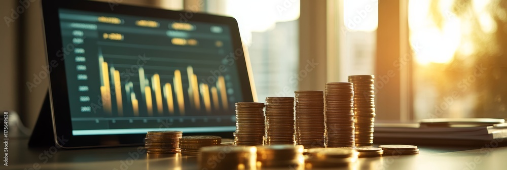 Poster Stacks of coins showing increasing profit are placed in front of a tablet displaying positive charts, illuminated by warm sunlight from a nearby window, creating a promising financial outlook