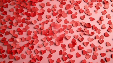 Cute red paper cut hearts scattered across a pastel pink table, ideal for designing personalized Valentineâ€™s Day or Motherâ€™s Day greeting cards