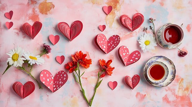 Cute red paper hearts on a pastel pink table, arranged in a playful yet romantic way, ideal for a Motherâ€™s Day or anniversary greeting card