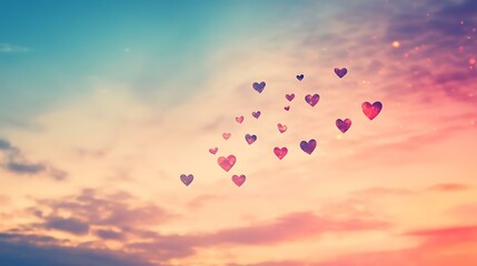 Creative love composition with heart shapes blending into a soft ombre sky with a romantic message