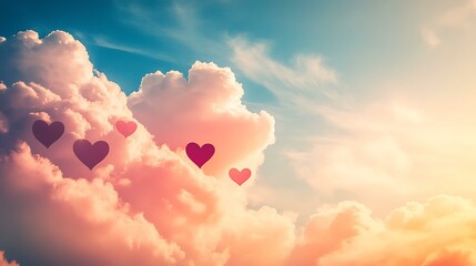 Creative love composition with heart shapes blending into a soft ombre sky with a romantic message