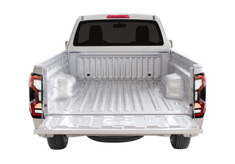 Open empty back of pickup truck isolated on white background.