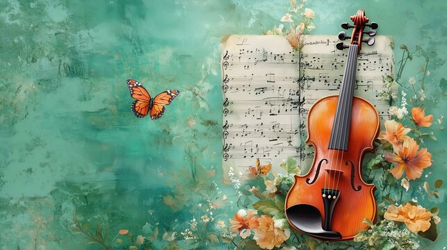 Elegant violin with floral decorations, music sheet, and a vibrant butterfly on a textured green background.