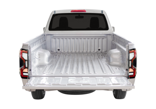 Open empty back of pickup truck isolated on white background.