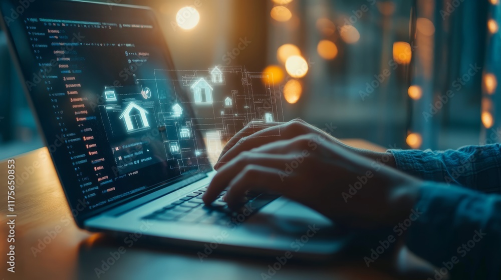 Poster Programmer working on a laptop, developing a smart home automation system, with holographic icons of houses and technological connections appearing on the screen