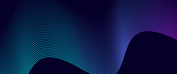 Dark abstract background with glowing wave. Shiny moving lines design element. Modern purple blue gradient flowing wave lines. Futuristic technology