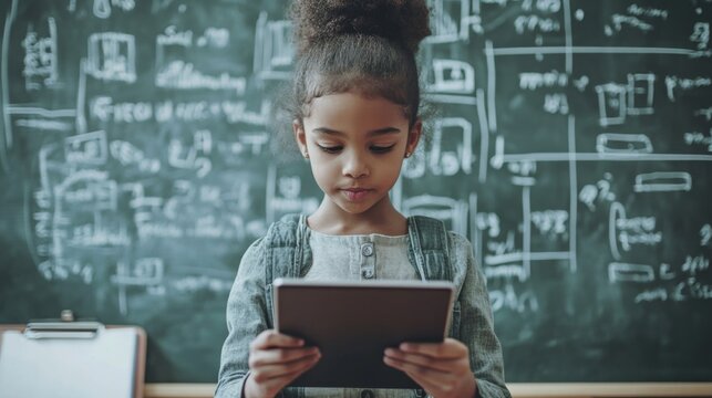 Young Girl Focused on Learning with a Tablet in Front of a Chalkboard