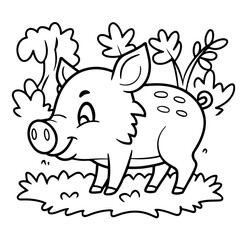 Baby Wild Boar forest setting. The design is minimalistic and specifically created for a coloring page, with clean outlines and no shading