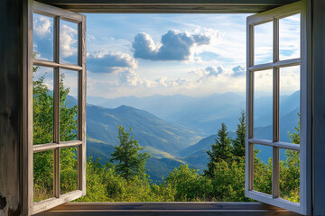 Breathtaking view through an open window showcasing tranquil lake and majestic mountains under a clear blue sky in the afternoon light