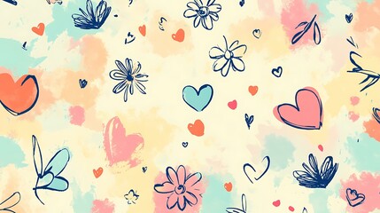 Colorful love doodles scattered across a soft pastel background, featuring hearts, flowers, and cute romantic symbols