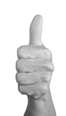 Thumbs up gesture. Senior woman s wrinkled hand with thumb raised, showing approval, agreement, and positivity. Closeup view of a mature, aged person expressing support and appreciation. isolated