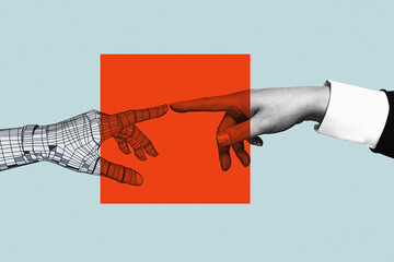 cyborg robotic hand pointing his finger to human hand with stretched finger in red focus - Design...