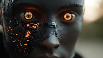 Realistic humanoid face showcasing intricate luminous artificial intelligence designs