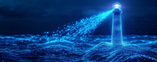 A futuristic lighthouse projecting holographic light over waves at night