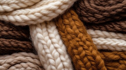 Close-up of chunky knit wool in various earth tones.  Cream, brown, and beige yarns create a textured and cozy autumnal aesthetic.