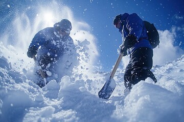 Rescuers navigate snowy mountains with gear and teamwork. Search and rescue operation Avalanche. AI generated image