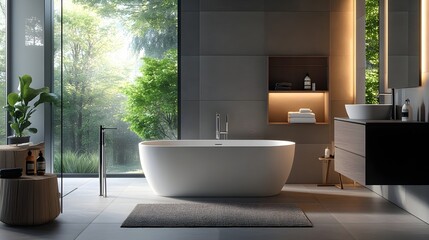 Fototapeta premium Modern Minimalist Bathroom Design with Freestanding Bathtub and Natural Light