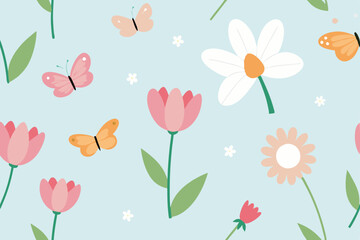 Pretty Pastel Floral Spring Butterfly Seamless Pattern Design