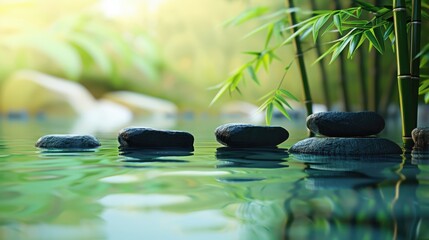 Relaxing bamboo landscape with rocks on a tranquil water surface in soft morning light