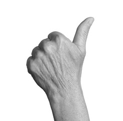 Thumbs up gesture. Senior woman s wrinkled hand with thumb raised, symbolizing approval, success,...