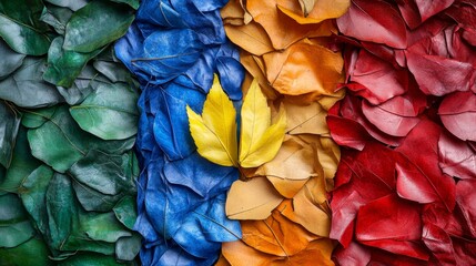 A vibrant arrangement of colorful leaves forming a backdrop with a prominent yellow leaf.