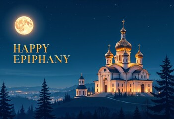 Fototapeta premium Illuminated Orthodox church with golden domes under a starry night.Nighttime landscape, faith-focused holiday decor, Epiphany celebration design.Serenity. Mystery. Spiritual glow.